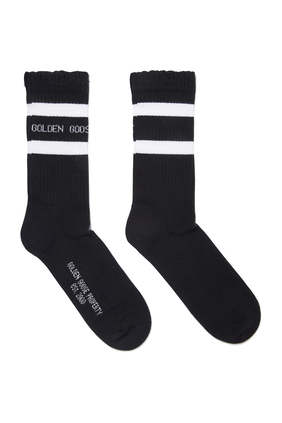 Logo Print Striped Socks with Distressed Cuffs